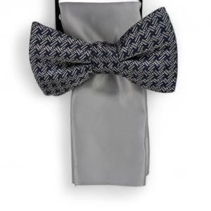 Alfani Men's Tolbert Navy Patterned Pre-Tied Bow Tie & Silver Pocket Square Set